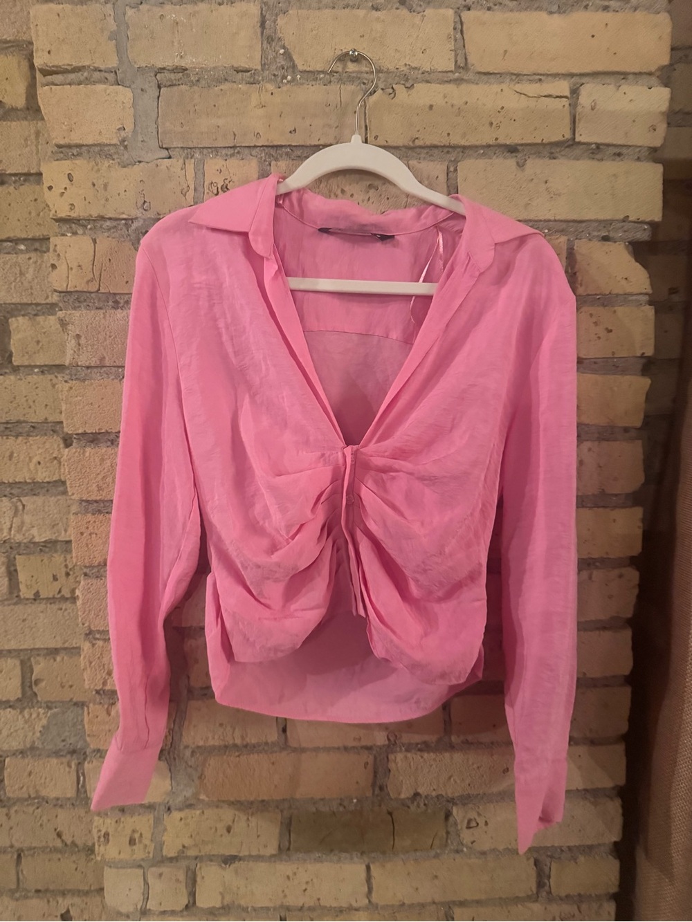 Zara Pink Ruched V-Neck Long Sleeve Blouse